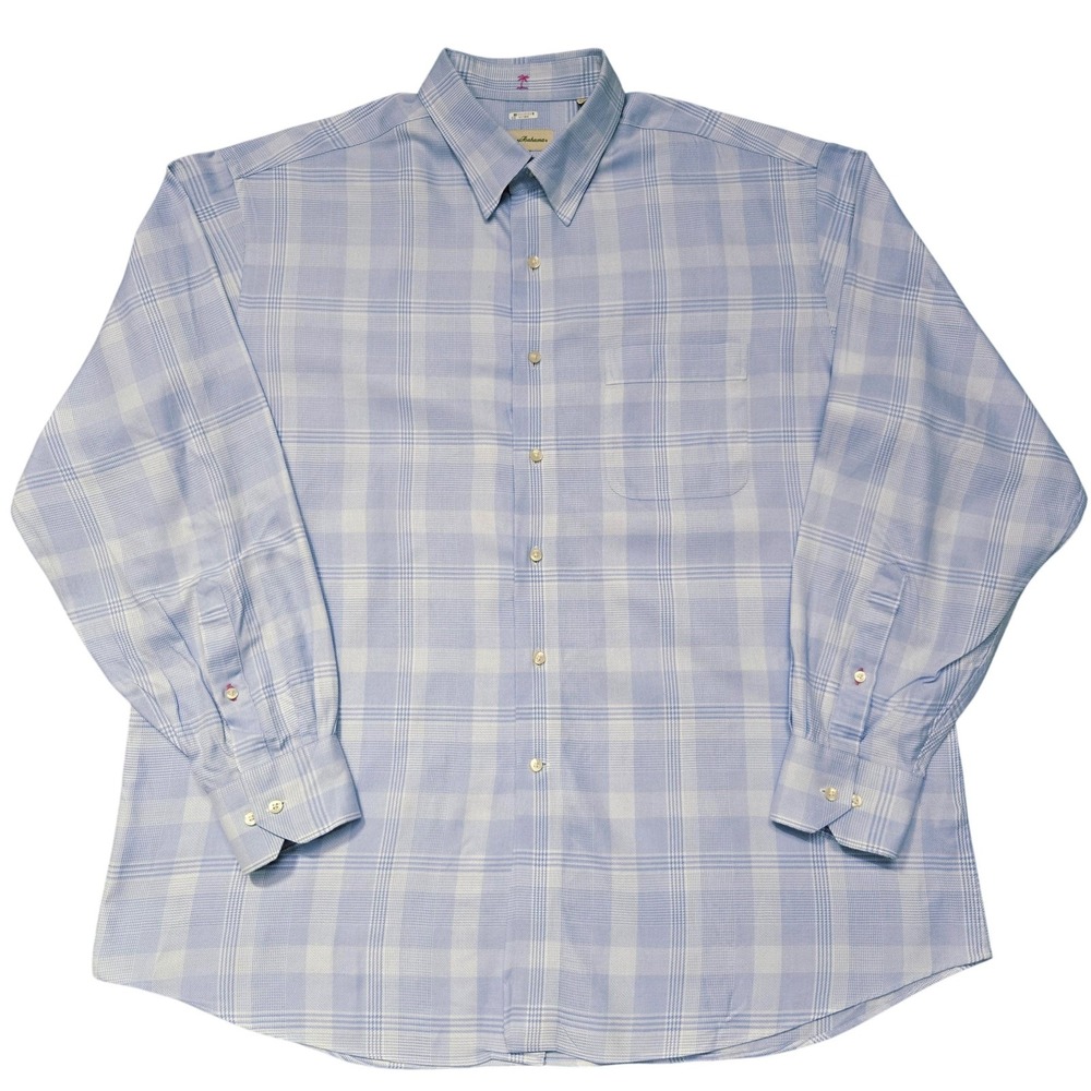 Tommy Bahama Shirt Mens Large Blue Plaid Button Up Long Sleeve 16.5 34-35 Pocket